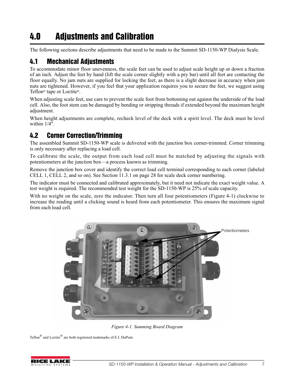 0 adjustments and calibration, 1 mechanical adjustments, 2 corner correction/trimming | Rice Lake Dialysis Scale - SD-1150-WP User Manual | Page 11 / 38