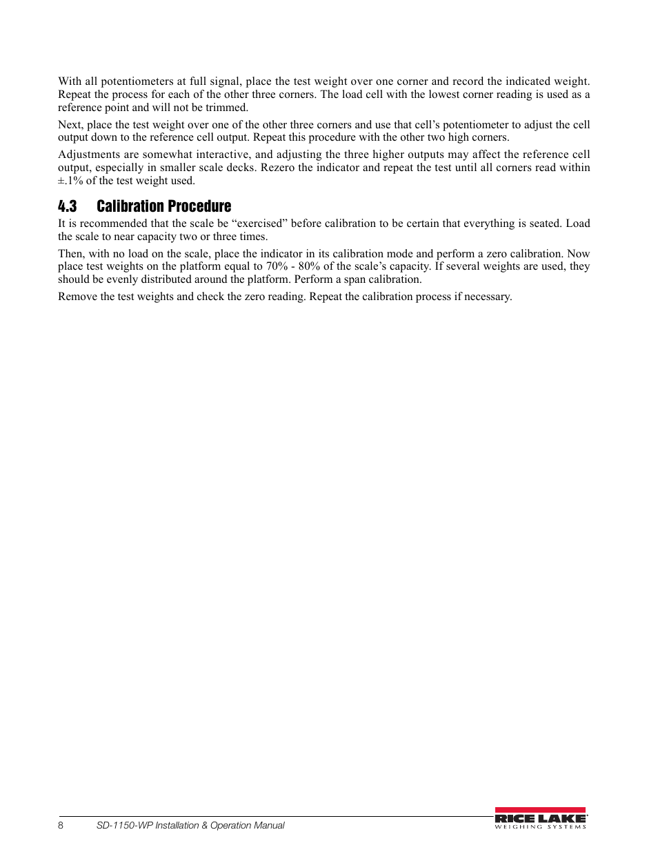 3 calibration procedure | Rice Lake Dialysis Scale - SD-1150-WP User Manual | Page 12 / 38