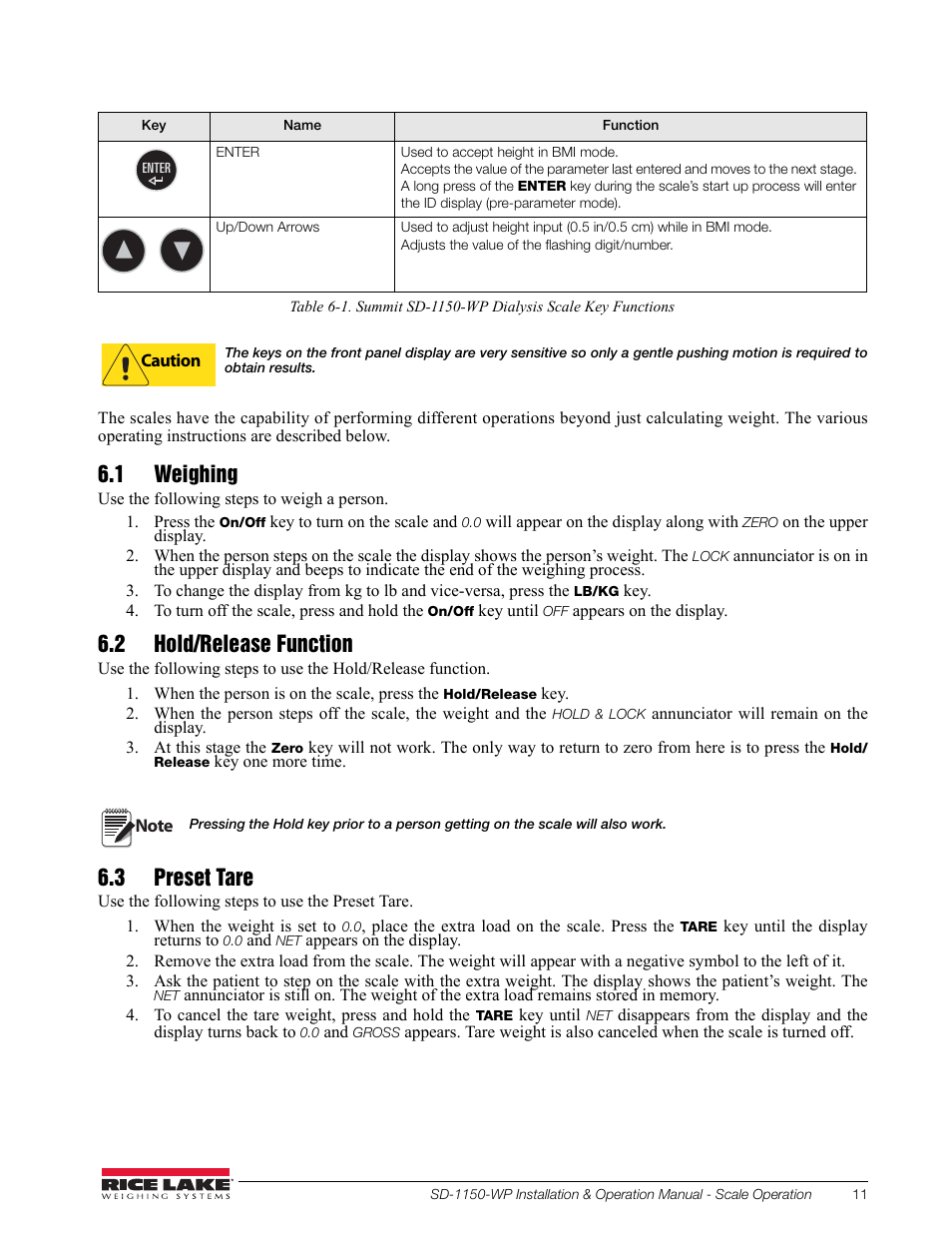 1 weighing, 2 hold/release function, 3 preset tare | Rice Lake Dialysis Scale - SD-1150-WP User Manual | Page 15 / 38