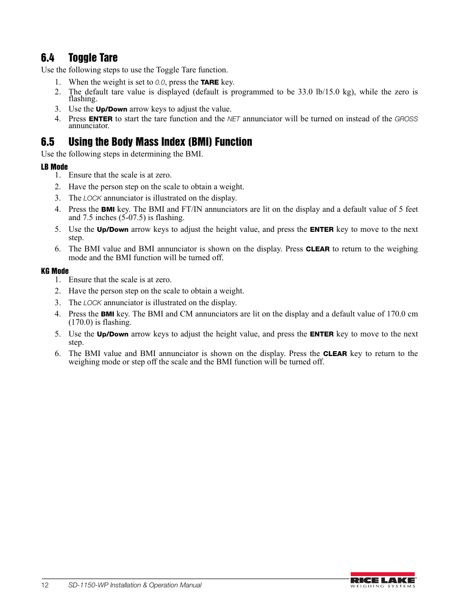4 toggle tare, 5 using the body mass index (bmi) function | Rice Lake Dialysis Scale - SD-1150-WP User Manual | Page 16 / 38