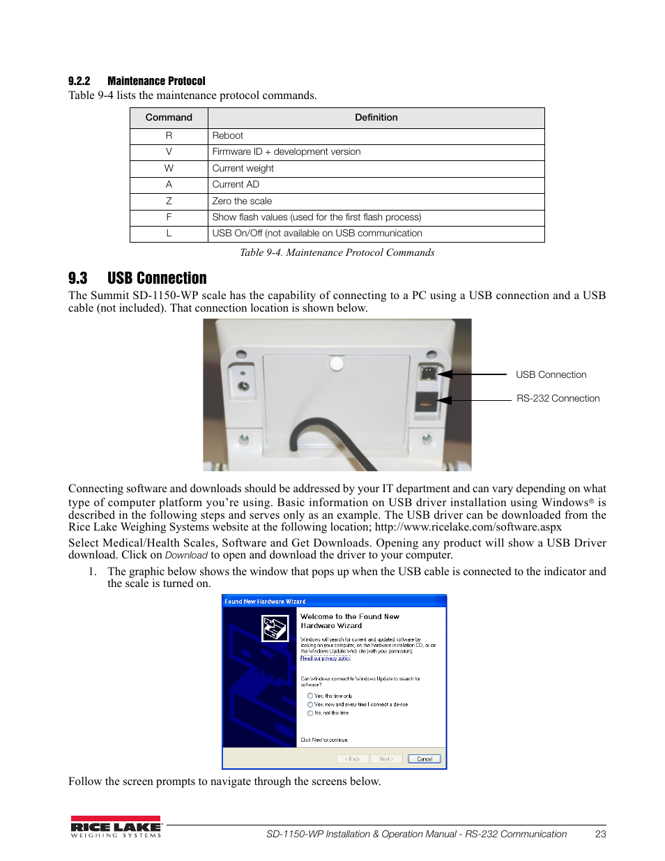 2 maintenance protocol, 3 usb connection | Rice Lake Dialysis Scale - SD-1150-WP User Manual | Page 27 / 38