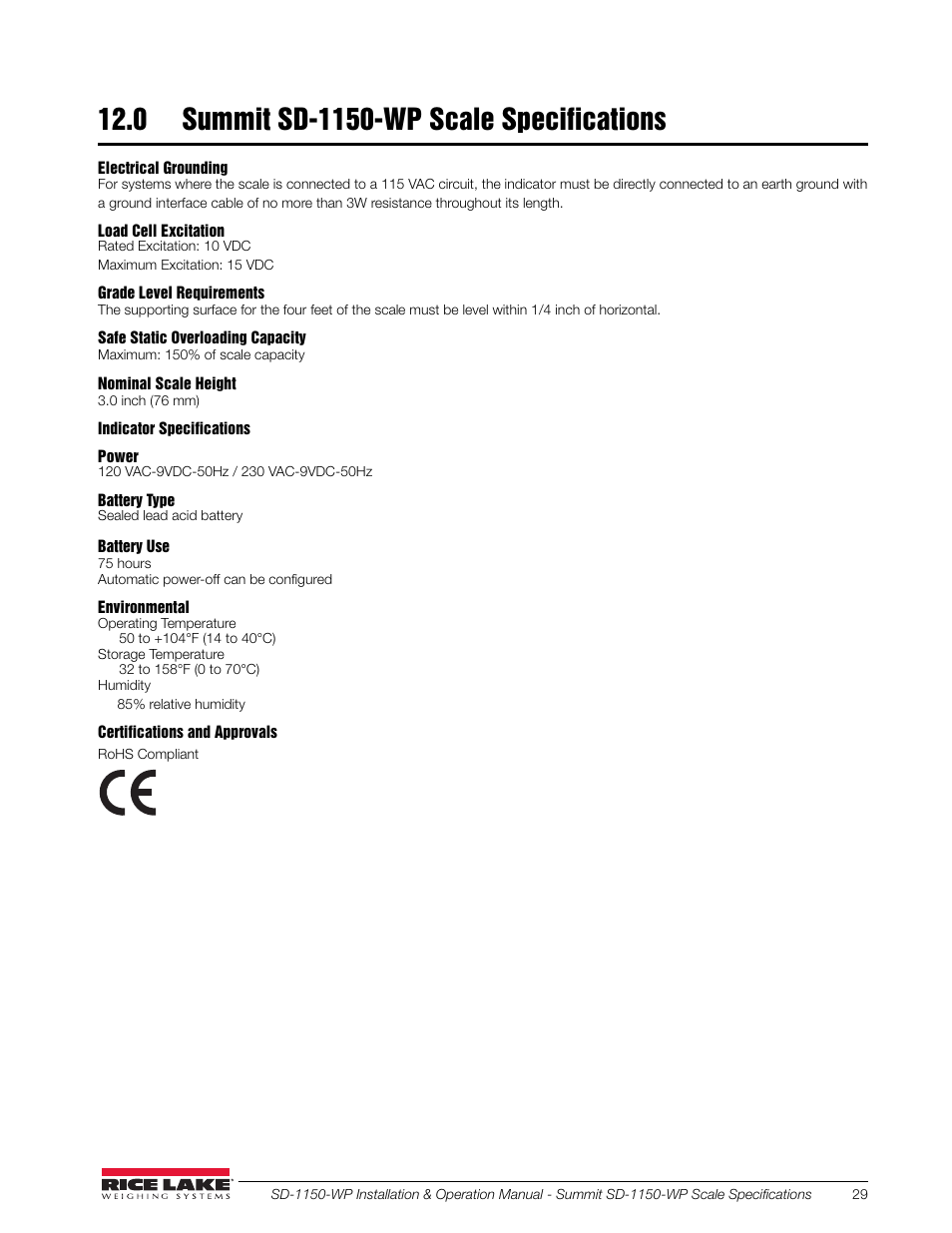 0 summit sd-1150-wp scale specifications | Rice Lake Dialysis Scale - SD-1150-WP User Manual | Page 33 / 38
