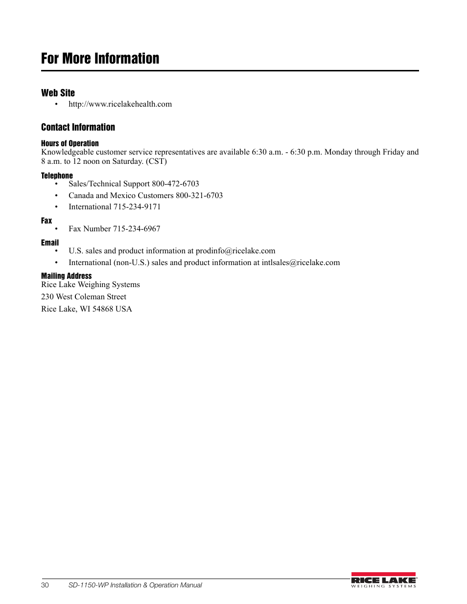 For more information | Rice Lake Dialysis Scale - SD-1150-WP User Manual | Page 34 / 38