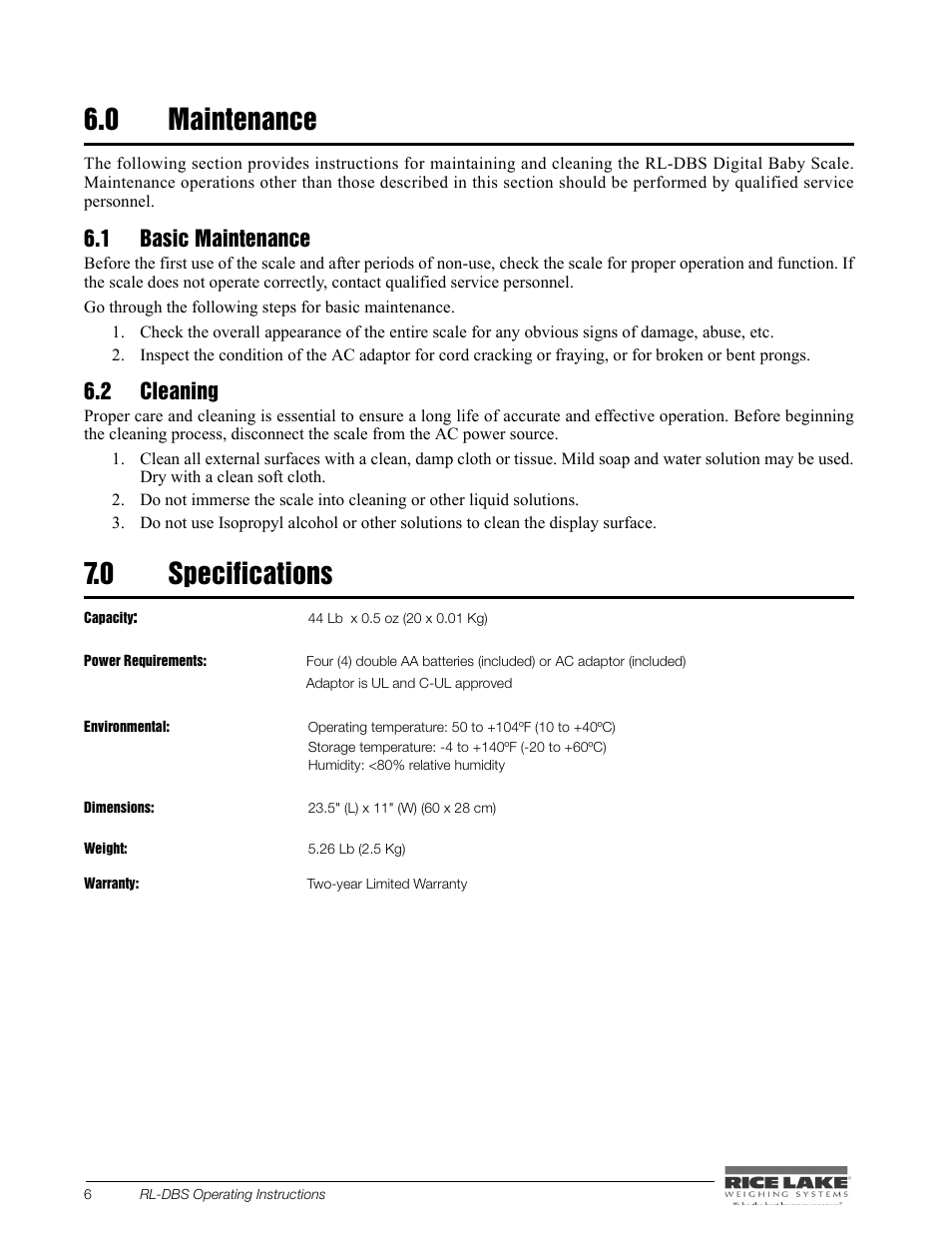 0 maintenance, 1 basic maintenance, 2 cleaning | 0 specifications | Rice Lake Digital Baby Scale (RL-DBS) - Operating Instructions User Manual | Page 10 / 14