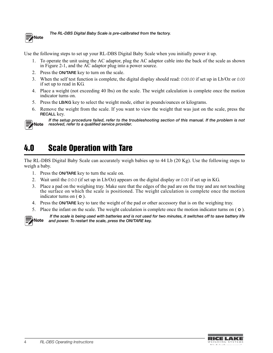 0 scale operation with tare | Rice Lake Digital Baby Scale (RL-DBS) - Operating Instructions User Manual | Page 8 / 14