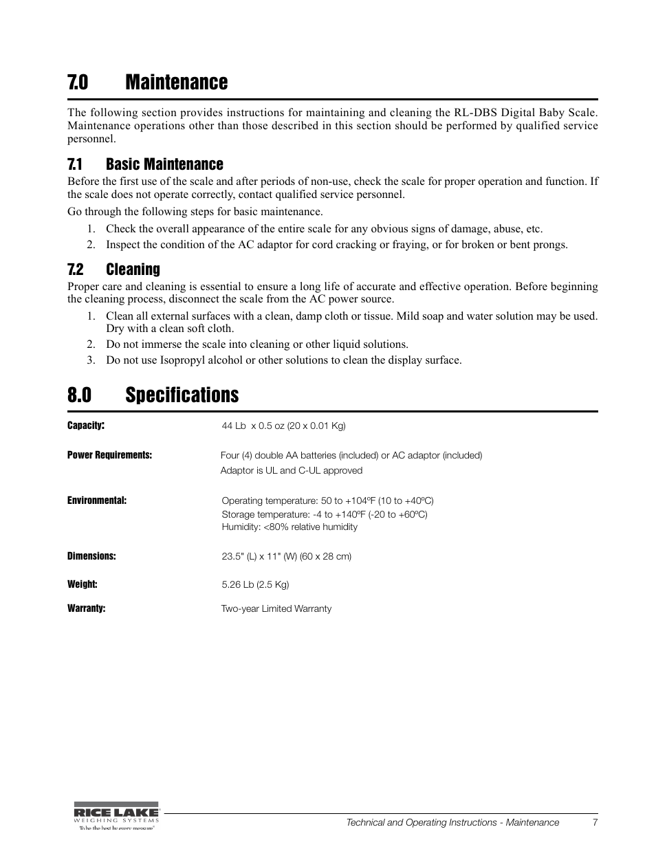 0 maintenance, 1 basic maintenance, 2 cleaning | 0 specifications | Rice Lake Digital Baby Scale (RL-DBS) - Technical and Operating Instructions User Manual | Page 11 / 14