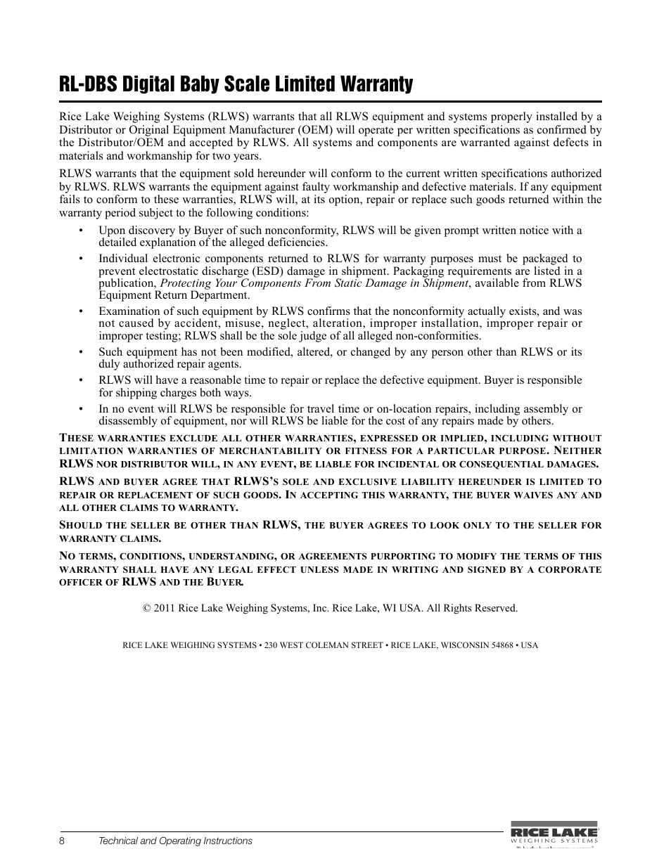 Rl-dbs digital baby scale limited warranty | Rice Lake Digital Baby Scale (RL-DBS) - Technical and Operating Instructions User Manual | Page 12 / 14