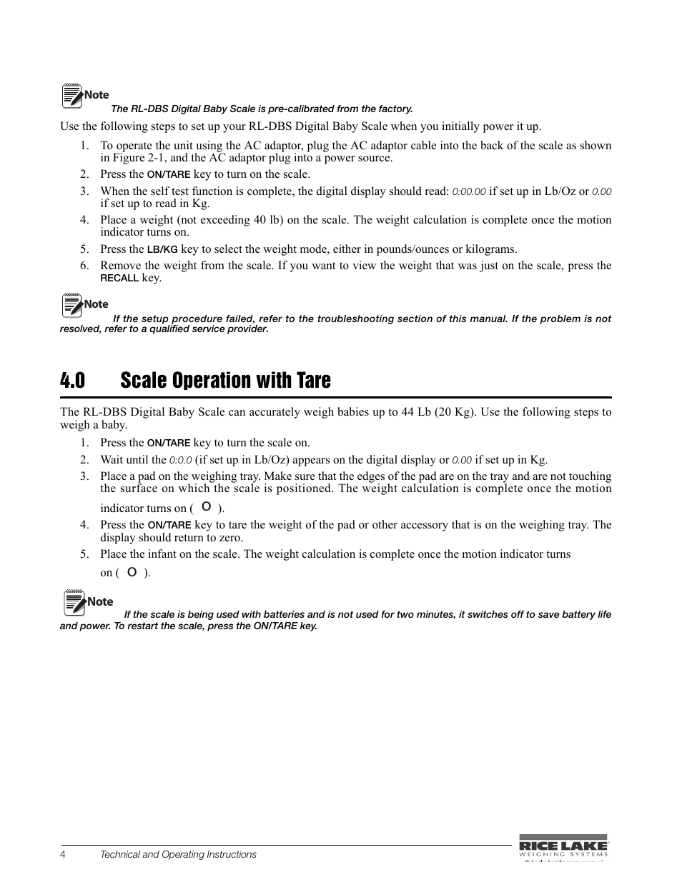 0 scale operation with tare | Rice Lake Digital Baby Scale (RL-DBS) - Technical and Operating Instructions User Manual | Page 8 / 14