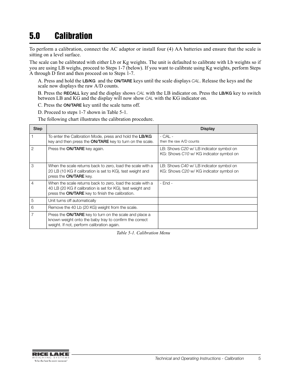 0 calibration | Rice Lake Digital Baby Scale (RL-DBS) - Technical and Operating Instructions User Manual | Page 9 / 14