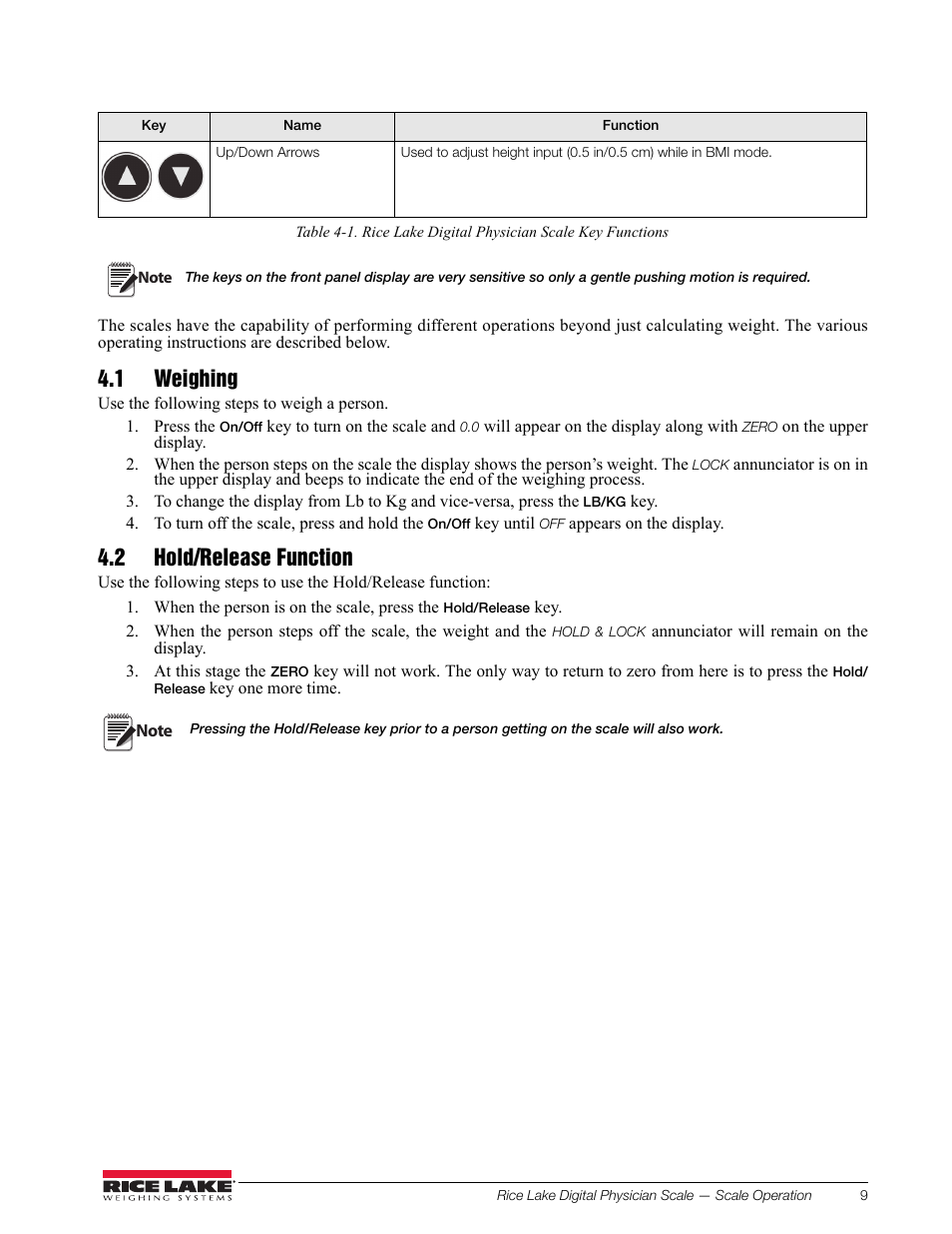 1 weighing, 2 hold/release function | Rice Lake RL150-10-5 Digital Physician Scale Operation Instructions User Manual | Page 13 / 24