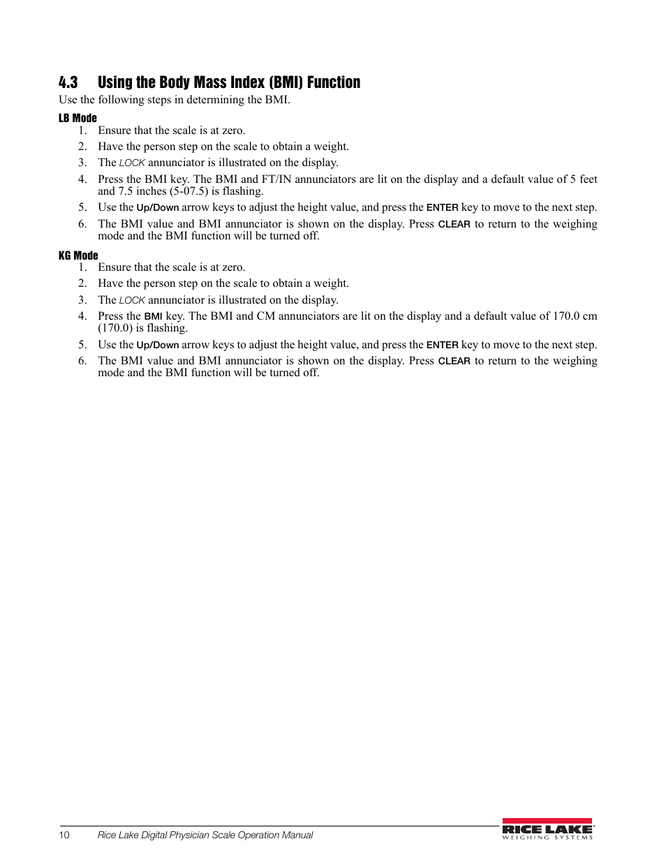 3 using the body mass index (bmi) function | Rice Lake RL150-10-5 Digital Physician Scale Operation Instructions User Manual | Page 14 / 24