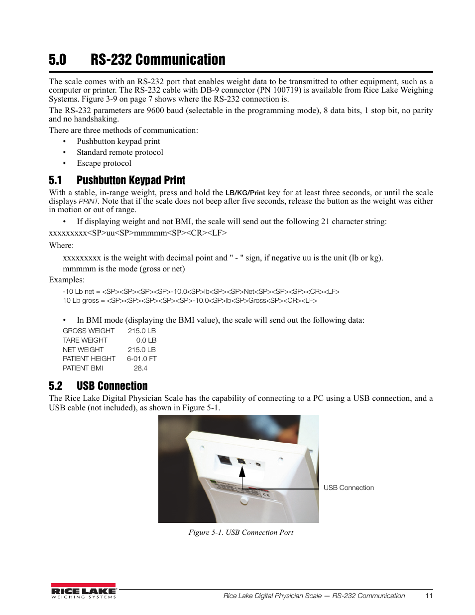 0 rs-232 communication, 1 pushbutton keypad print, 2 usb connection | Rice Lake RL150-10-5 Digital Physician Scale Operation Instructions User Manual | Page 15 / 24