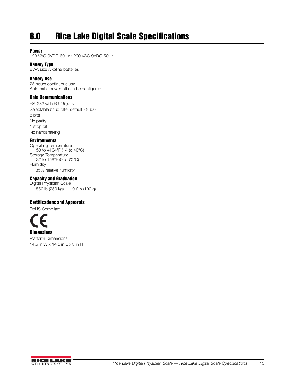 0 rice lake digital scale specifications | Rice Lake RL150-10-5 Digital Physician Scale Operation Instructions User Manual | Page 19 / 24