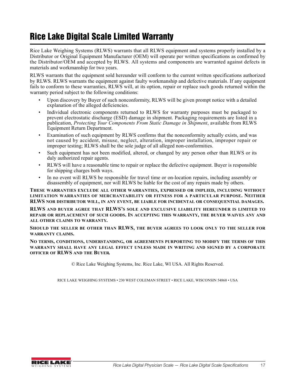 Rice lake digital scale limited warranty | Rice Lake RL150-10-5 Digital Physician Scale Operation Instructions User Manual | Page 21 / 24