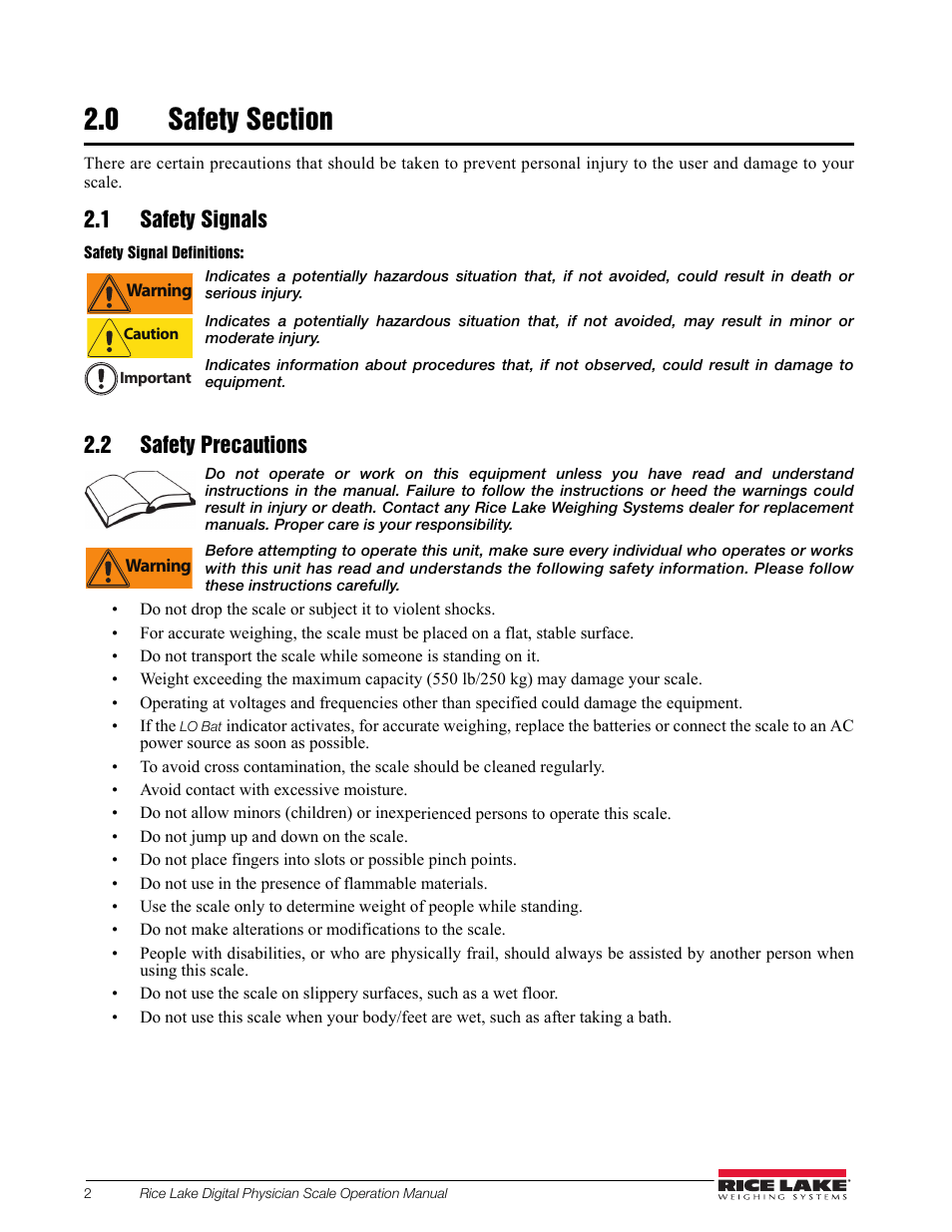 0 safety section, 1 safety signals, 2 safety precautions | Rice Lake RL150-10-5 Digital Physician Scale Operation Instructions User Manual | Page 6 / 24