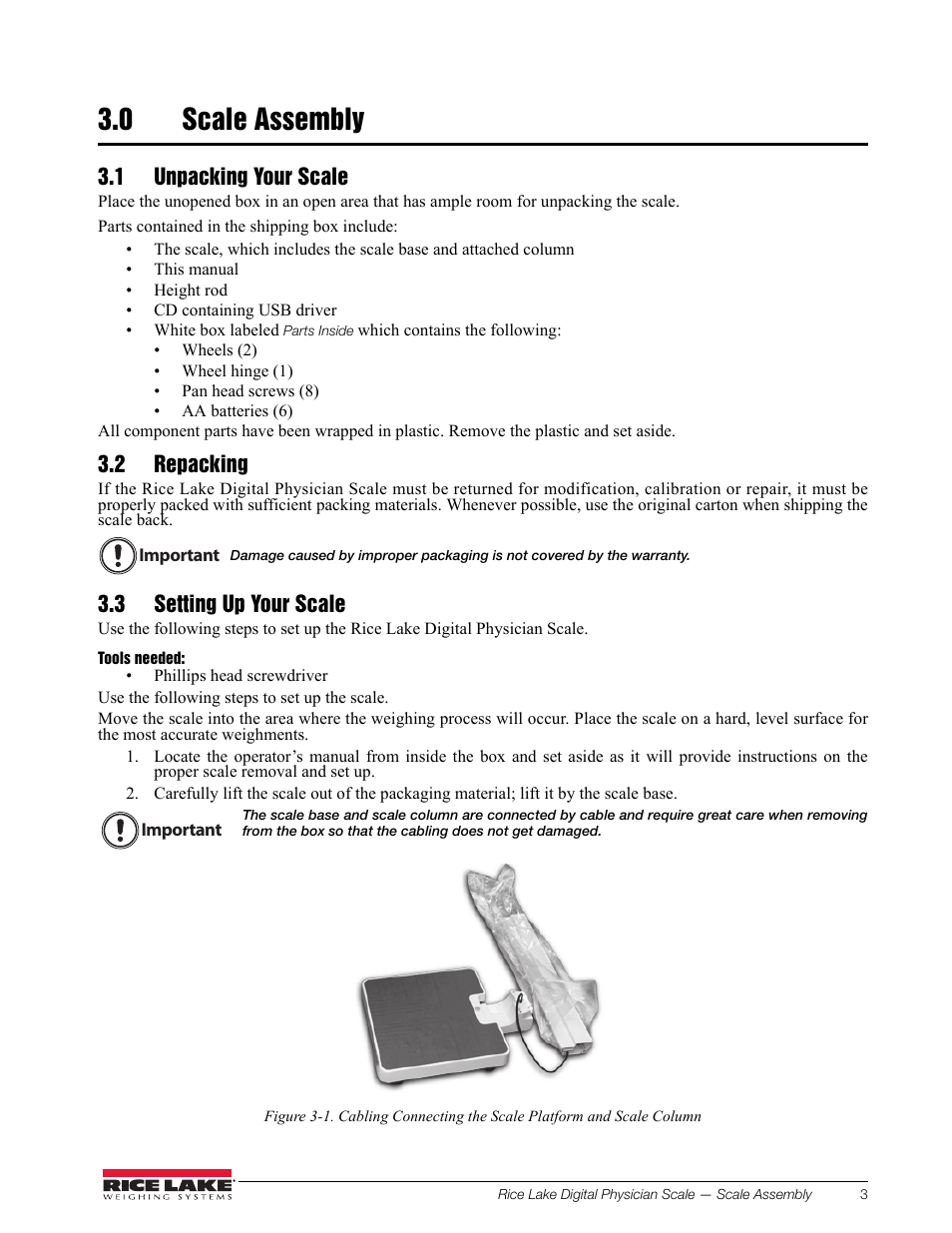 0 scale assembly, 1 unpacking your scale, 2 repacking | 3 setting up your scale | Rice Lake RL150-10-5 Digital Physician Scale Operation Instructions User Manual | Page 7 / 24