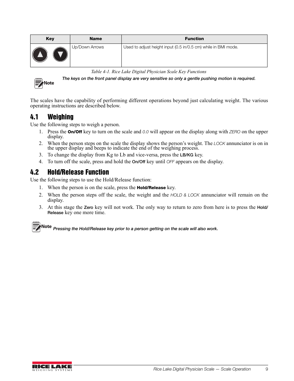 1 weighing, 2 hold/release function | Rice Lake RL150-10-5 Digital Physician Scale Technical & Operating Instructions User Manual | Page 13 / 34