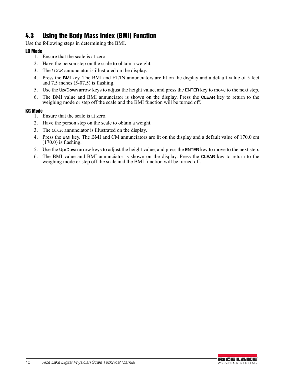 3 using the body mass index (bmi) function | Rice Lake RL150-10-5 Digital Physician Scale Technical & Operating Instructions User Manual | Page 14 / 34