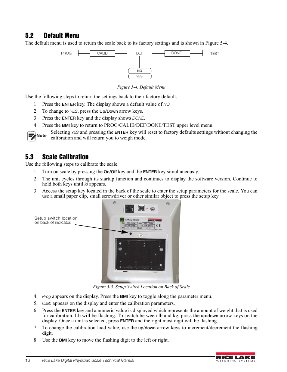 2 default menu, 3 scale calibration | Rice Lake RL150-10-5 Digital Physician Scale Technical & Operating Instructions User Manual | Page 20 / 34