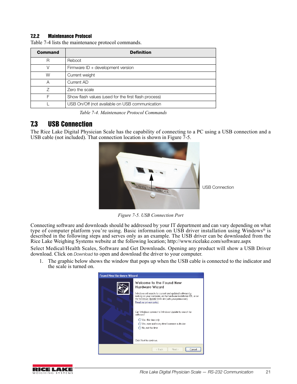 2 maintenance protocol, 3 usb connection | Rice Lake RL150-10-5 Digital Physician Scale Technical & Operating Instructions User Manual | Page 25 / 34