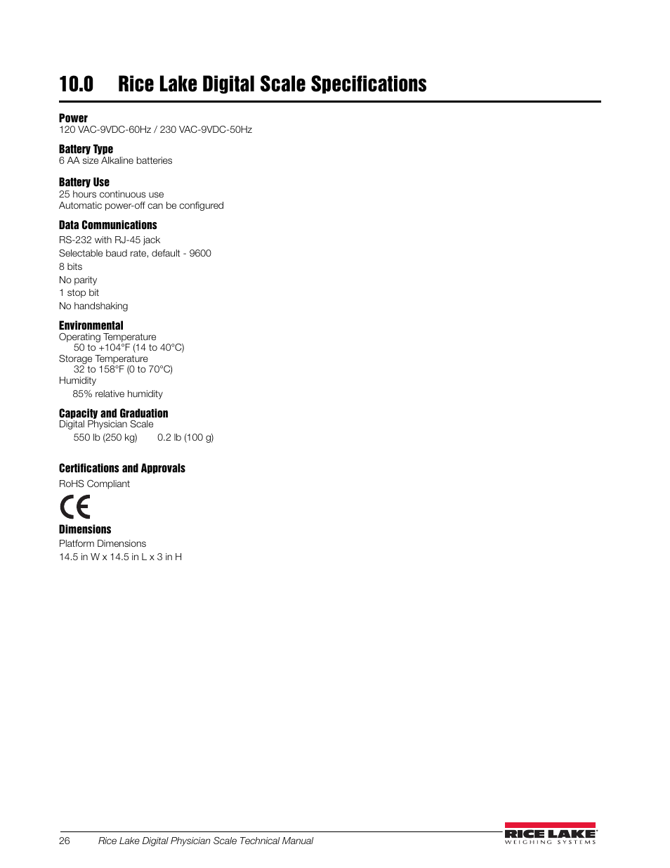 0 rice lake digital scale specifications | Rice Lake RL150-10-5 Digital Physician Scale Technical & Operating Instructions User Manual | Page 30 / 34