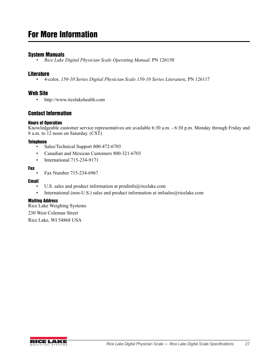 For more information | Rice Lake RL150-10-5 Digital Physician Scale Technical & Operating Instructions User Manual | Page 31 / 34