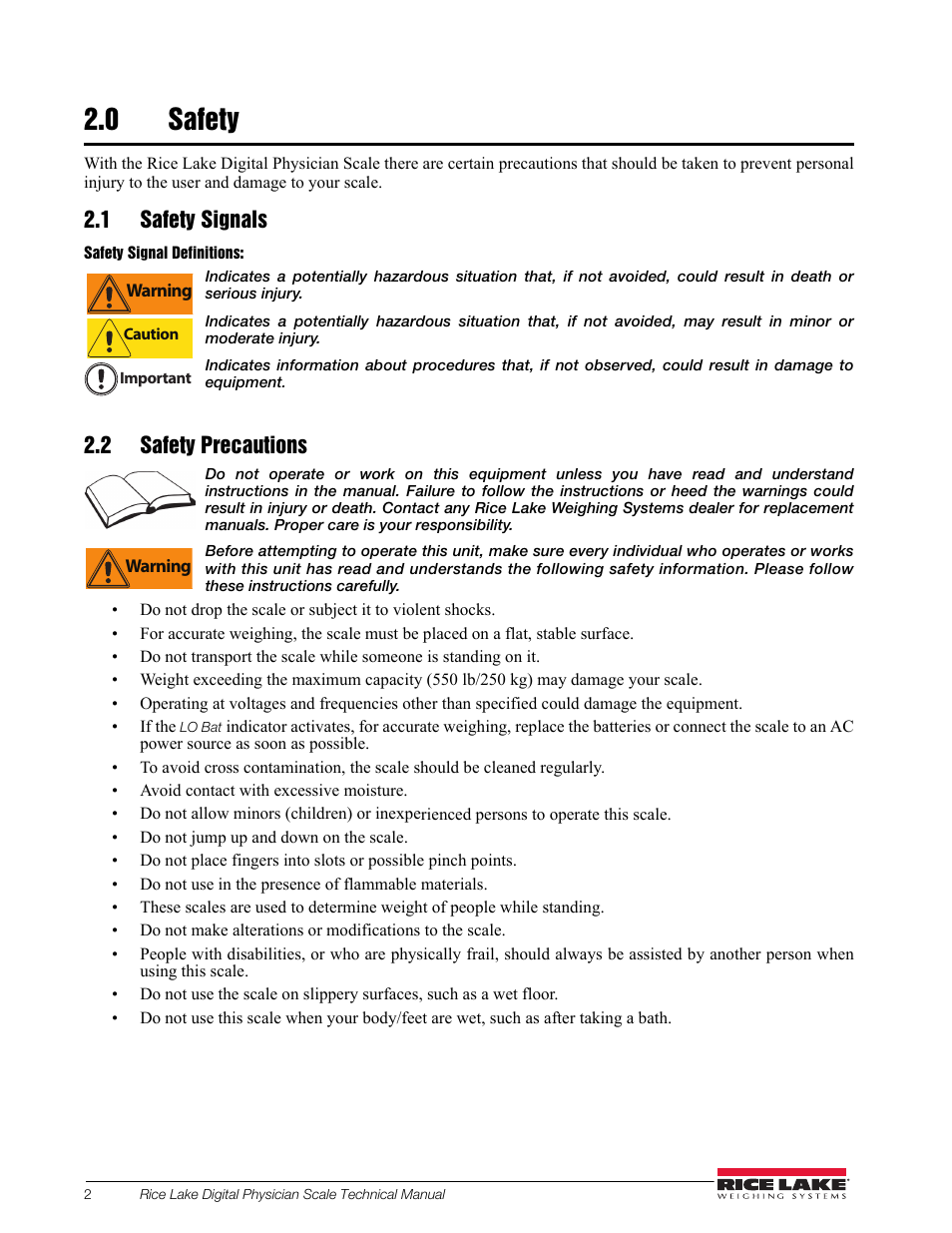0 safety, 1 safety signals, 2 safety precautions | Rice Lake RL150-10-5 Digital Physician Scale Technical & Operating Instructions User Manual | Page 6 / 34
