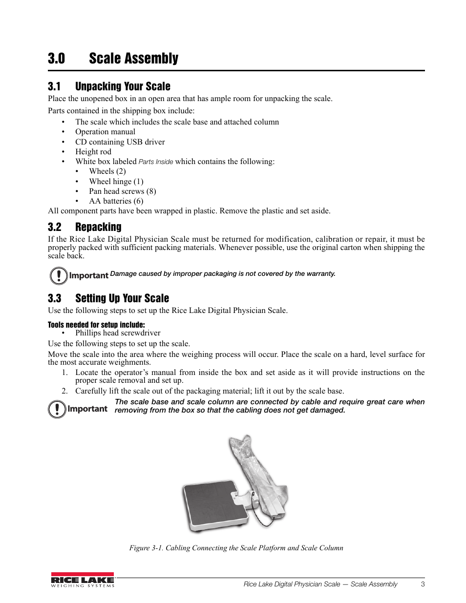0 scale assembly, 1 unpacking your scale, 2 repacking | 3 setting up your scale | Rice Lake RL150-10-5 Digital Physician Scale Technical & Operating Instructions User Manual | Page 7 / 34
