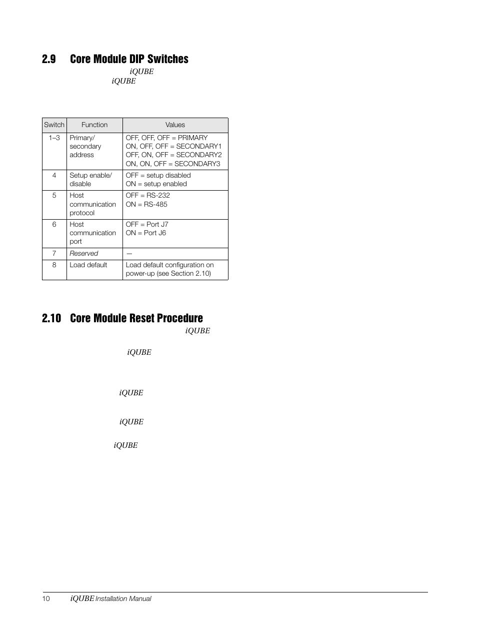 9 core module dip switches, 10 core module reset procedure | Rice Lake Digital/Diagnostic - iQube User Manual | Page 13 / 54