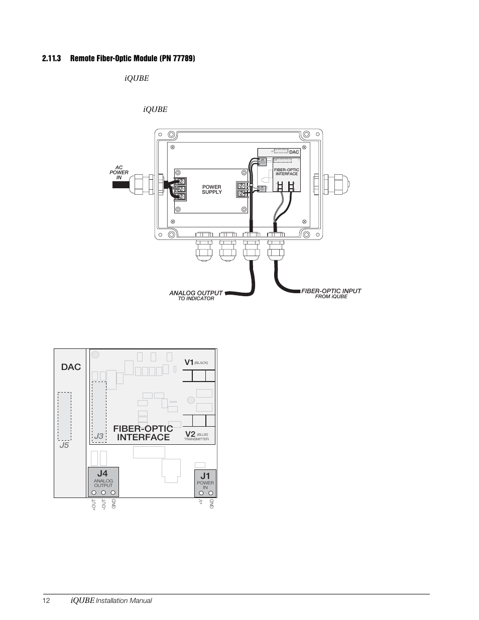 3 remote fiber-optic module (pn 77789), Remote fiber-optic module (pn 77789), Dac j4 j1 | Fiber-optic interface, Iqube, Figure 2-10. remote fiber-optic module, J3 v2 v1 | Rice Lake Digital/Diagnostic - iQube User Manual | Page 15 / 54