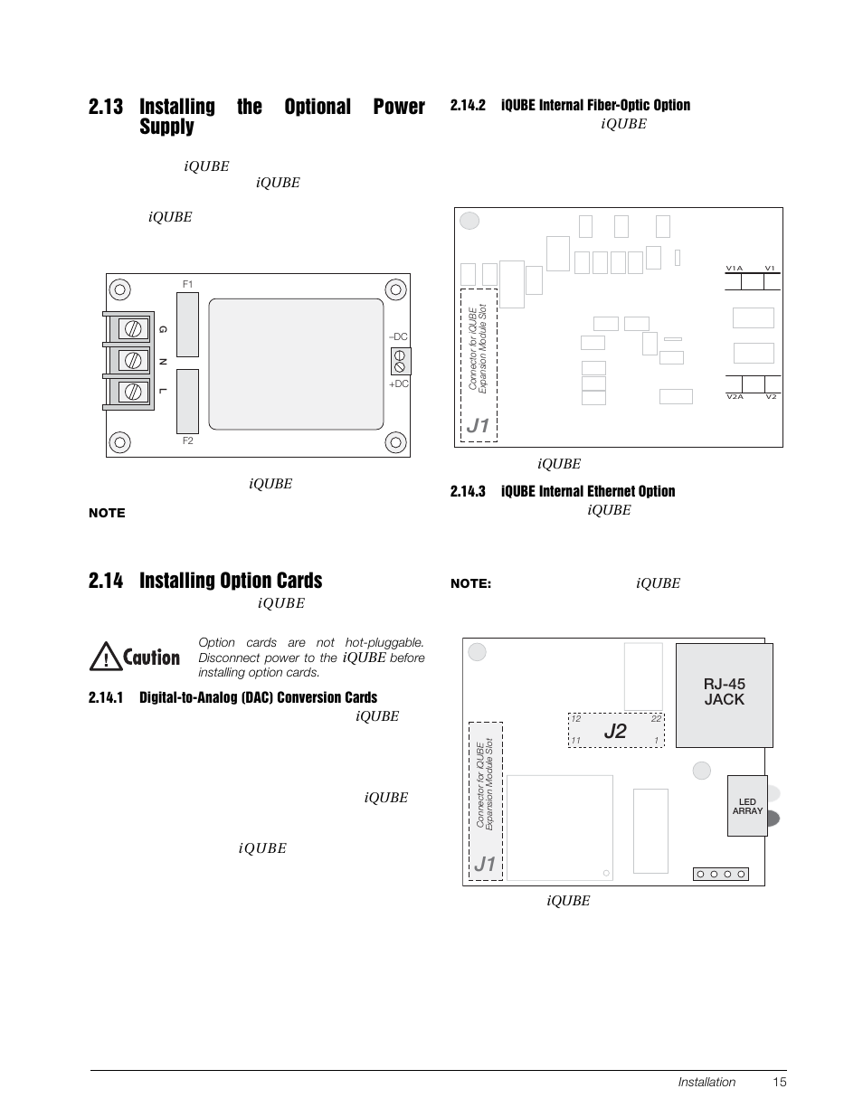 13 installing the optional power supply, 14 installing option cards, 1 digital-to-analog (dac) conversion cards | 2 iqube internal fiber-optic option, 3 iqube internal ethernet option, Digital-to-analog (dac) conversion cards, Iqube internal fiber-optic option, Iqube internal ethernet option | Rice Lake Digital/Diagnostic - iQube User Manual | Page 18 / 54