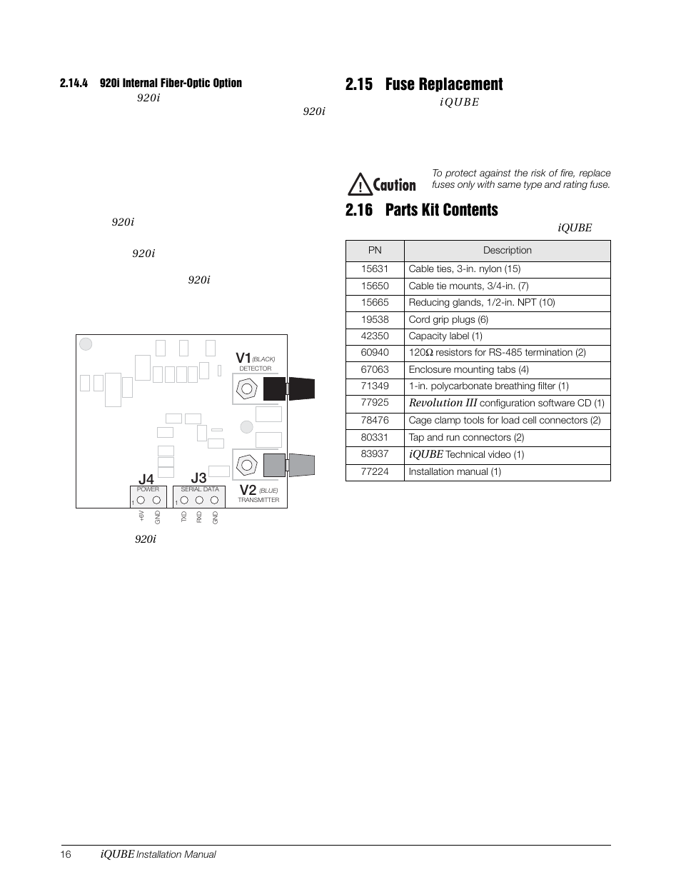 4 920i internal fiber-optic option, 15 fuse replacement, 16 parts kit contents | 920i internal fiber-optic option, 15 fuse replacement 2.16 parts kit contents, V2 v1 | Rice Lake Digital/Diagnostic - iQube User Manual | Page 19 / 54