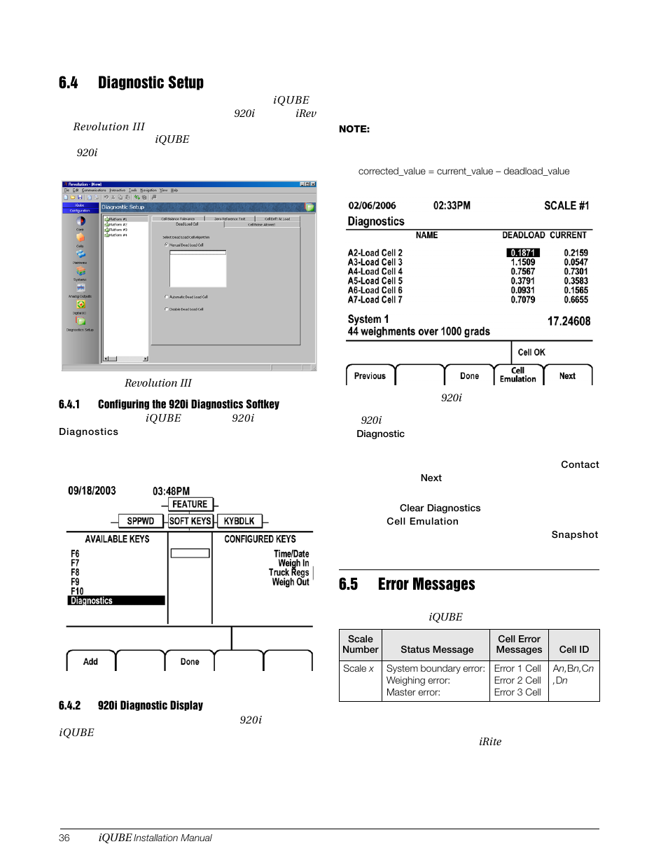 4 diagnostic setup, 1 configuring the 920i diagnostics softkey, 2 920i diagnostic display | 5 error messages, Configuring the 920i diagnostics softkey, 920i diagnostic display | Rice Lake Digital/Diagnostic - iQube User Manual | Page 39 / 54