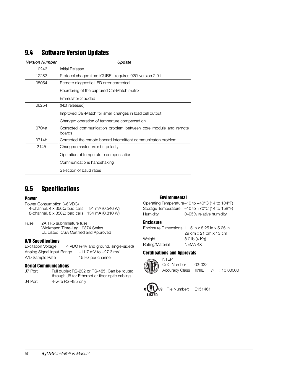 4 software version updates, 5 specifications, 4 software version updates 9.5 specifications | Iqube, Power, A/d specifications, Serial communications, Environmental, Enclosure, Certifications and approvals | Rice Lake Digital/Diagnostic - iQube User Manual | Page 53 / 54