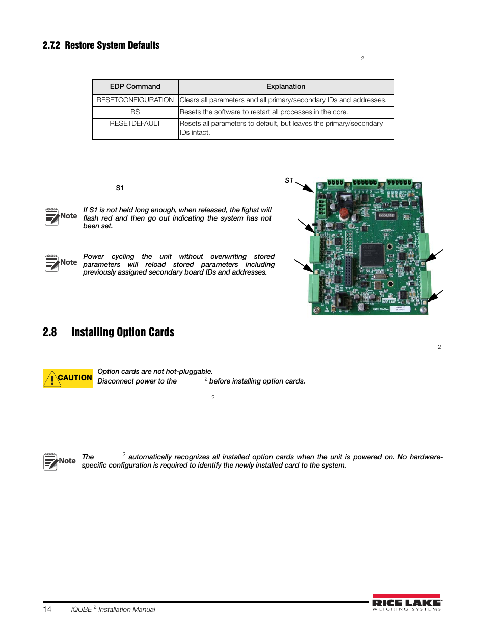 2 restore system defaults, 8 installing option cards, Restore system defaults | Rice Lake iQUBE2 Digital Diagnostic Junction Box User Manual | Page 18 / 72