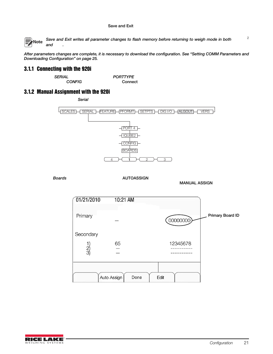 1 connecting with the 920i, 2 manual assignment with the 920i, Connecting with the 920i | Manual assignment with the 920i | Rice Lake iQUBE2 Digital Diagnostic Junction Box User Manual | Page 25 / 72