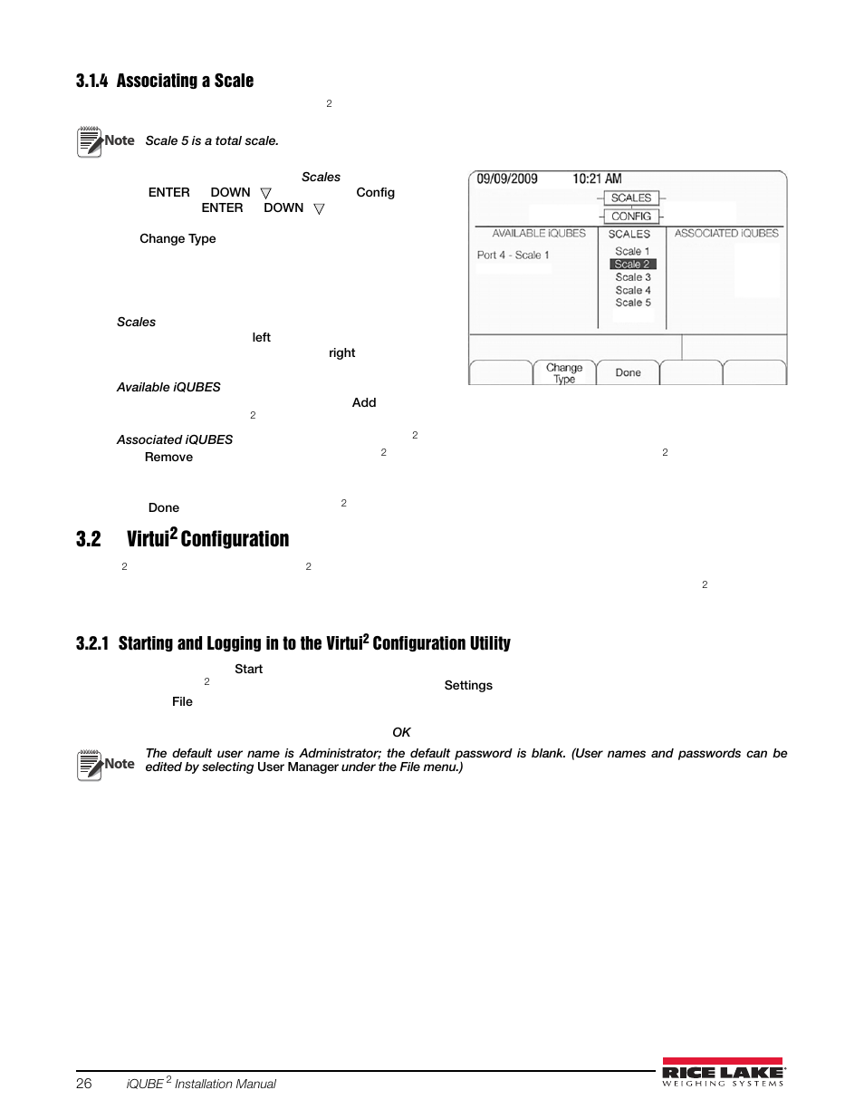 4 associating a scale, 2 virtui2 configuration, Associating a scale | 2 virtui, Starting and logging in to the virtui, Configuration | Rice Lake iQUBE2 Digital Diagnostic Junction Box User Manual | Page 30 / 72