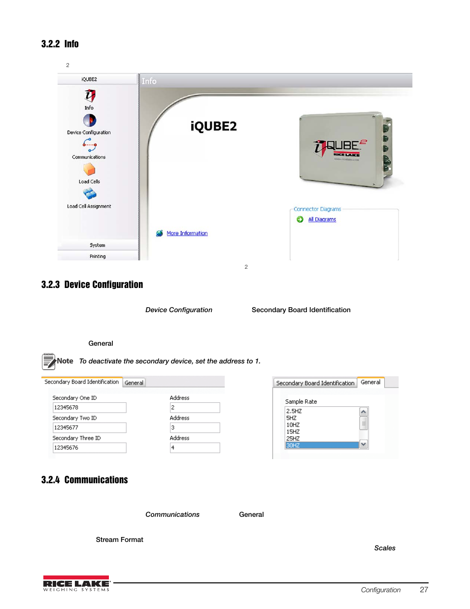 2 info, 3 device configuration, 4 communications | Info, Device configuration, Communications | Rice Lake iQUBE2 Digital Diagnostic Junction Box User Manual | Page 31 / 72