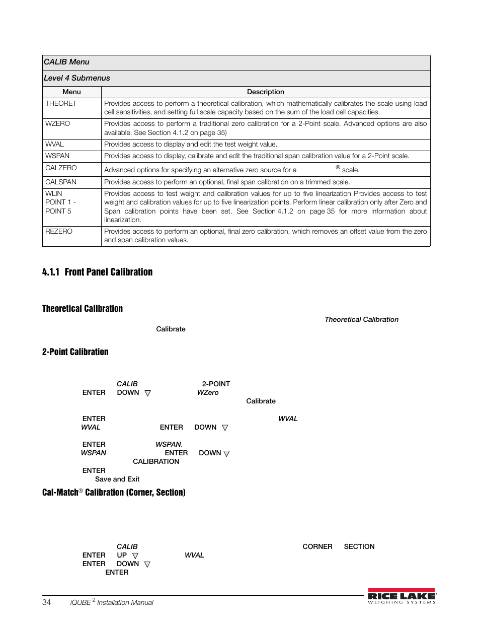 1 front panel calibration, Front panel calibration | Rice Lake iQUBE2 Digital Diagnostic Junction Box User Manual | Page 38 / 72