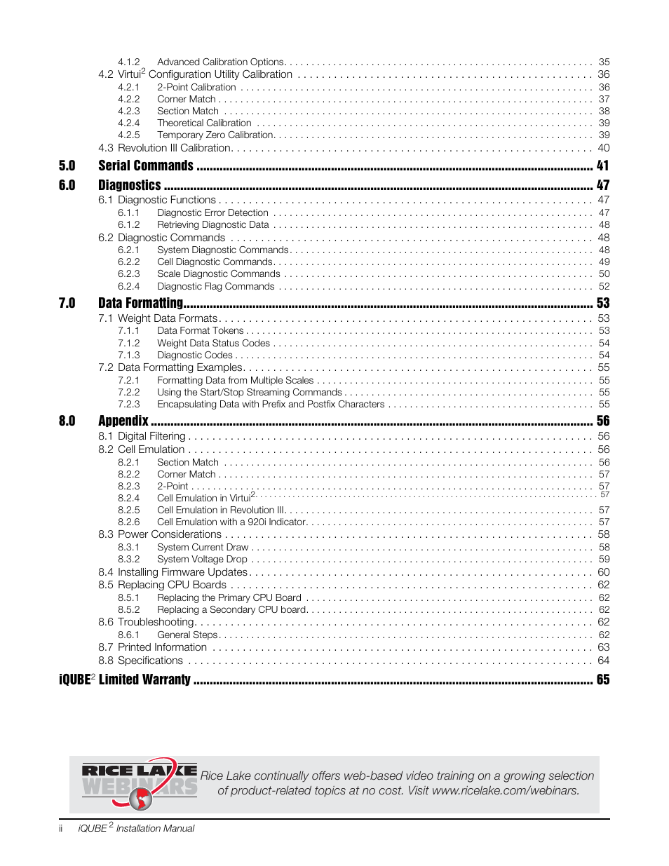 0 serial commands 6.0 diagnostics, 0 data formatting, 0 appendix | Iqube, Limited warranty | Rice Lake iQUBE2 Digital Diagnostic Junction Box User Manual | Page 4 / 72