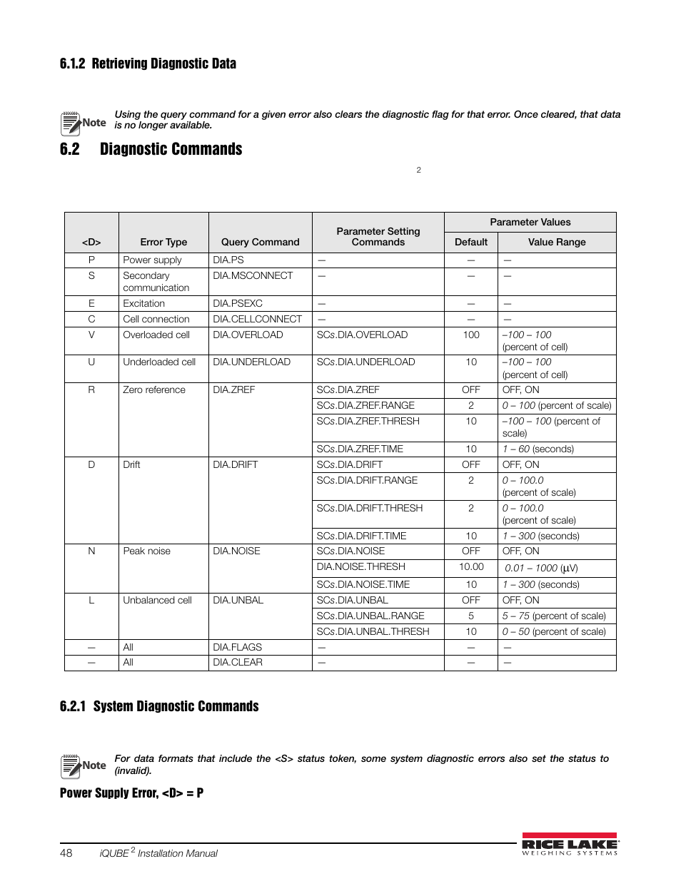 2 retrieving diagnostic data, 2 diagnostic commands, 1 system diagnostic commands | Retrieving diagnostic data, System diagnostic commands | Rice Lake iQUBE2 Digital Diagnostic Junction Box User Manual | Page 52 / 72
