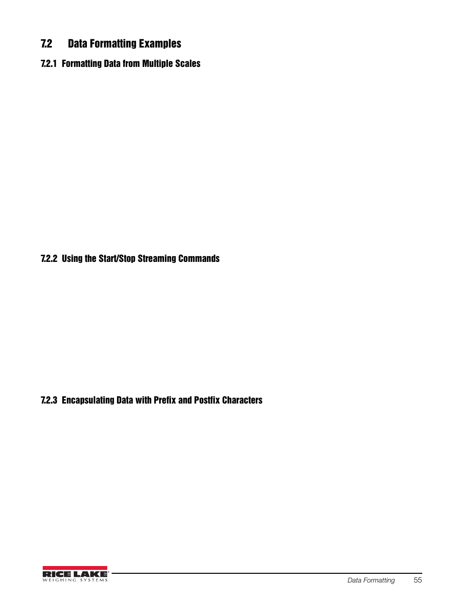 2 data formatting examples, 1 formatting data from multiple scales, 2 using the start/stop streaming commands | Formatting data from multiple scales, Using the start/stop streaming commands | Rice Lake iQUBE2 Digital Diagnostic Junction Box User Manual | Page 59 / 72