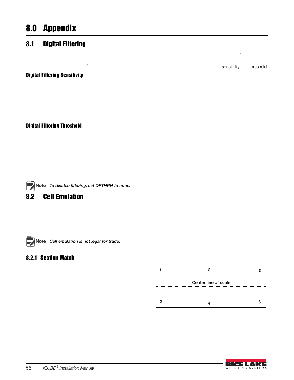 0 appendix, 1 digital filtering, 2 cell emulation | 1 section match, Appendix, 1 digital filtering 8.2 cell emulation, Section match | Rice Lake iQUBE2 Digital Diagnostic Junction Box User Manual | Page 60 / 72