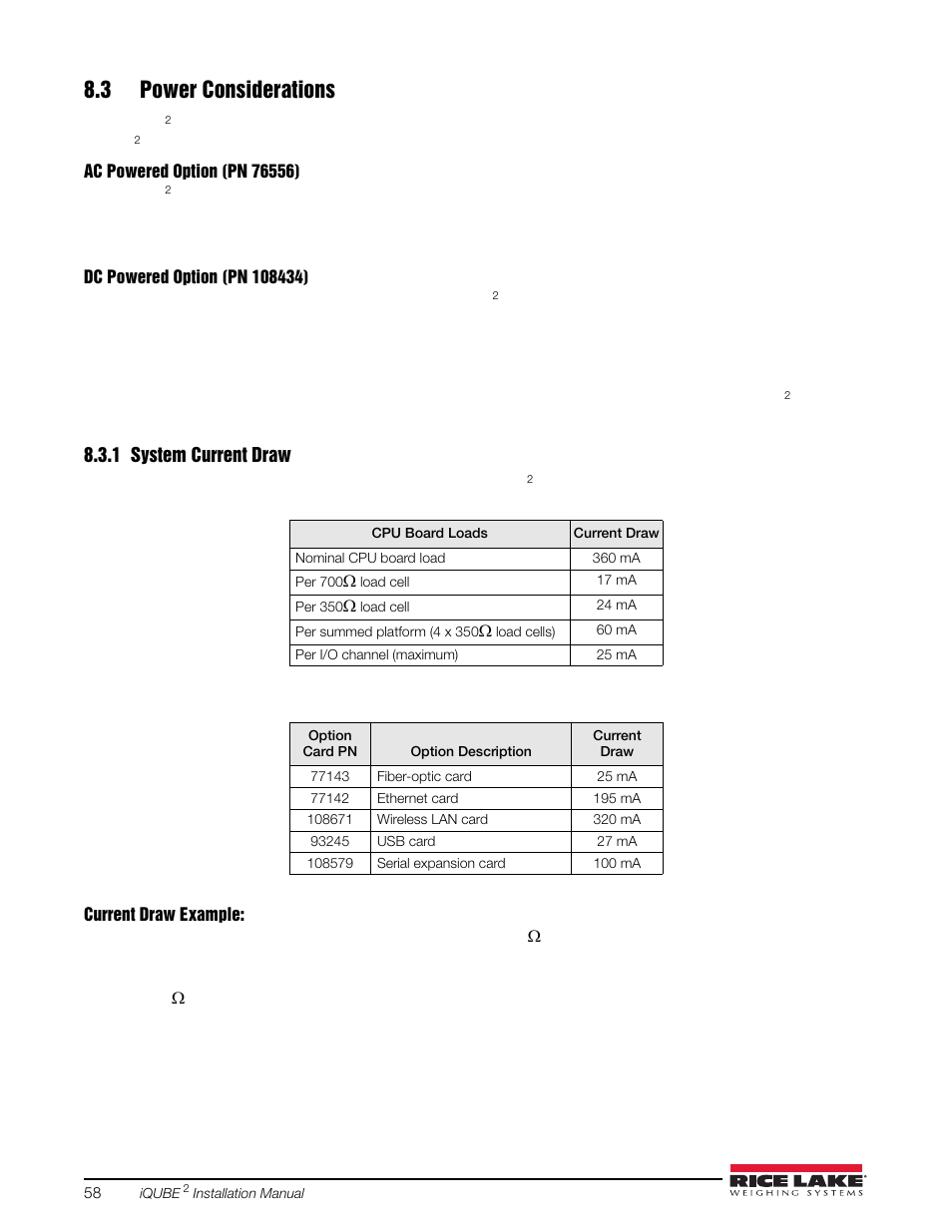 3 power considerations, 1 system current draw, System current draw | Rice Lake iQUBE2 Digital Diagnostic Junction Box User Manual | Page 62 / 72