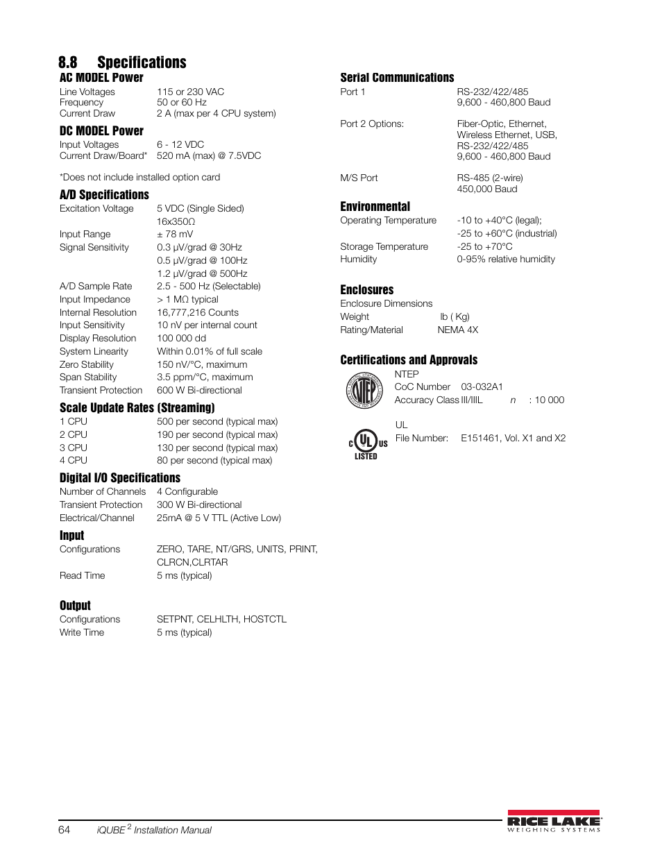 8 specifications, Ac model power, Dc model power | A/d specifications, Scale update rates (streaming), Digital i/o specifications, Input, Output, Serial communications, Environmental | Rice Lake iQUBE2 Digital Diagnostic Junction Box User Manual | Page 68 / 72