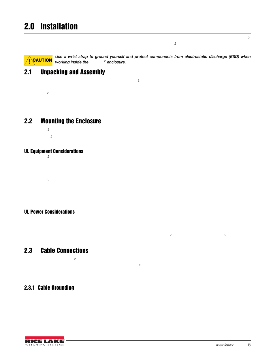 0 installation, 1 unpacking and assembly, 2 mounting the enclosure | 3 cable connections, 1 cable grounding, Installation, Cable grounding | Rice Lake iQUBE2 Digital Diagnostic Junction Box User Manual | Page 9 / 72