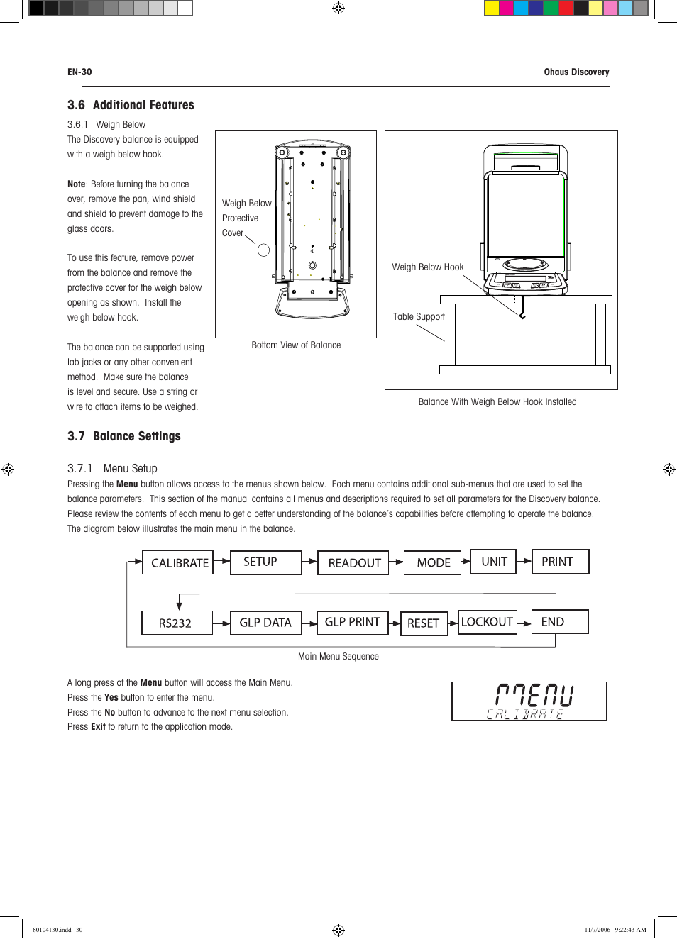 6 additional features, 7 balance settings | Rice Lake Discovery Series Semi-Micro and Analytical, Ohaus User Manual | Page 34 / 52