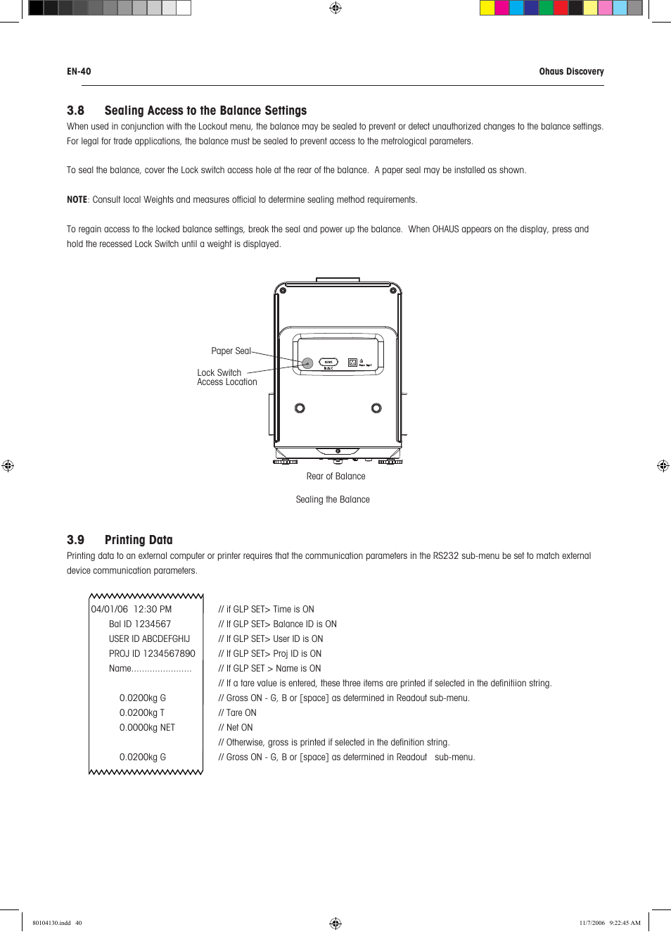 8 sealing access to the balance settings, 9 printing data | Rice Lake Discovery Series Semi-Micro and Analytical, Ohaus User Manual | Page 44 / 52