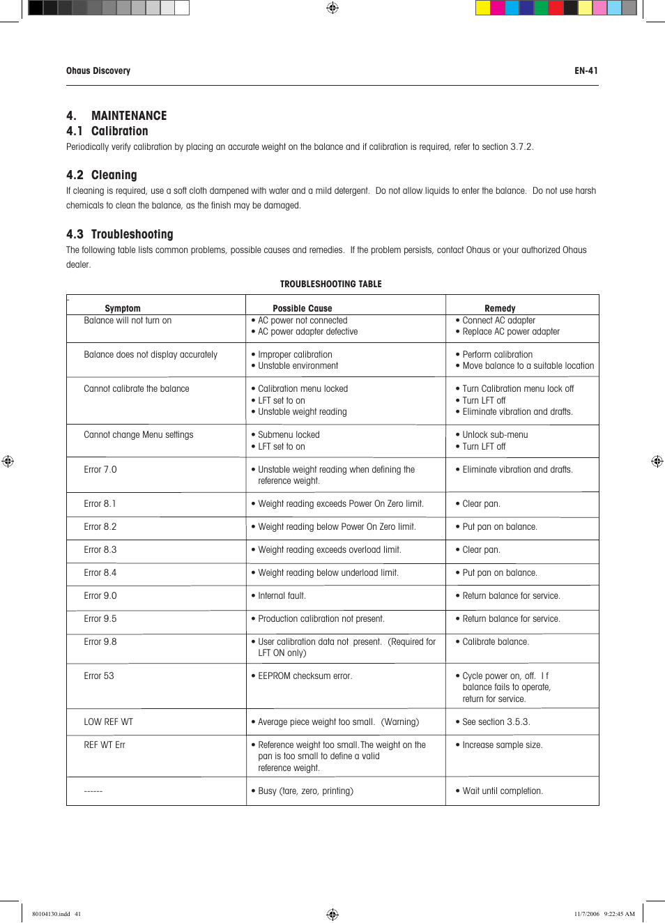 Maintenance 4.1 calibration, 2 cleaning, 3 troubleshooting | Rice Lake Discovery Series Semi-Micro and Analytical, Ohaus User Manual | Page 45 / 52