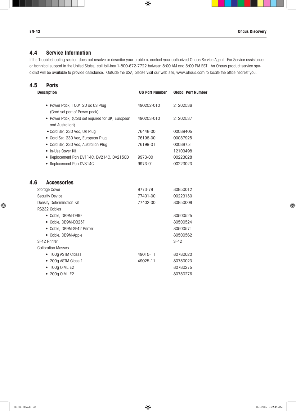 6 accessories, 4 service information, 5 parts | Rice Lake Discovery Series Semi-Micro and Analytical, Ohaus User Manual | Page 46 / 52